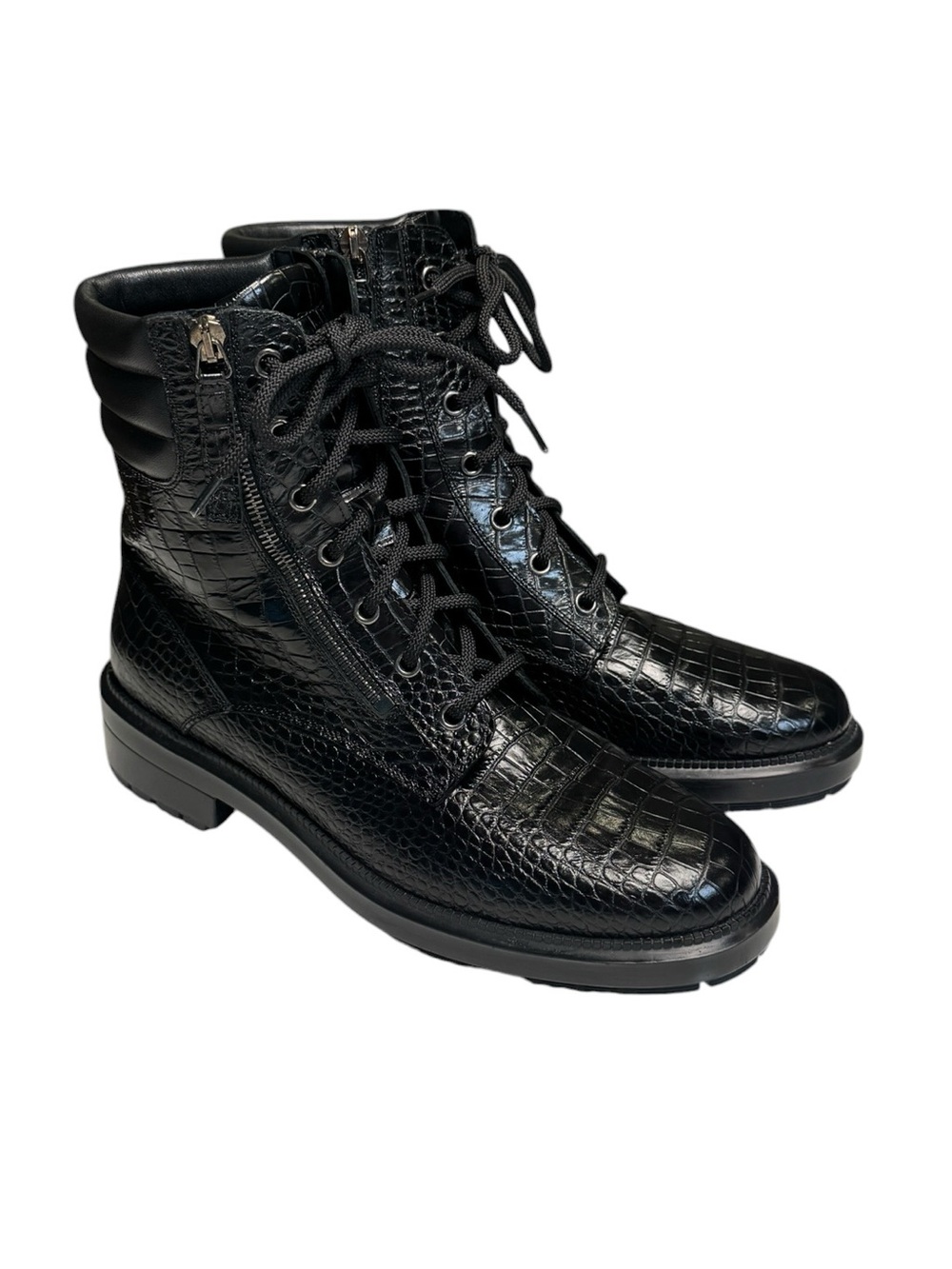 Aquatalia Black Croc Embossed Leather Combat Lace-Up Zip Ankle Boot US Women's 9 - Picture 1 of 12